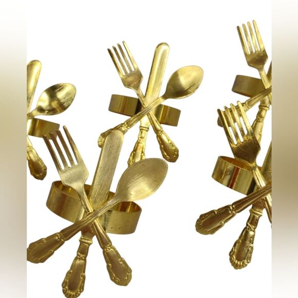 Gold Napkin Rings Fork Spoon Knife Lot of 8 - Picture 4 of 16